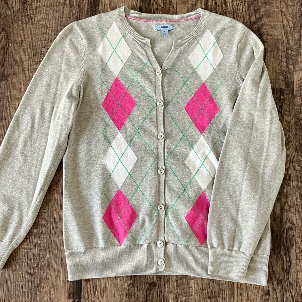 IZOD Argyle Cardigan Sweater with Pink and Gray - Size Large